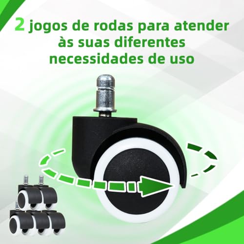 Cadeira Gamer Ergonômica com Conjunto de 5 Rodízios com Travão (Fixação Segura, Mobilidade Controle, Estabilidade) e Apoio Cervical Ajustável (Preto e Verde)