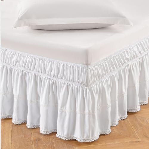 MEILA Full Bed Skirt, Wrap Around Ruffle Bed Skit for Full Beds with 16 inch Drop, Elastic Dust Ruffles Easy Fit Wrinkle & Fade Resistant, Lace Bed Skirt, White