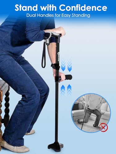Adjustable Walking Cane for Women & Men for Stability, Self Standing Cane with Second Handle for Standing, Foldable Collapsible Folding Cane, Walking Sticks for Seniors & Adult