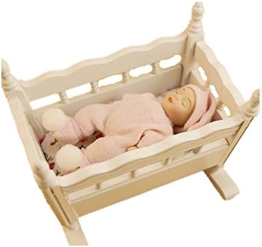 1:12 Dollhouse Miniature Sweet Baby in Pink Sweater and Nursery Cradle Baby Crib Gift