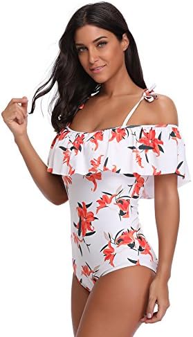 Sexcer Women Floral Print Padded Bikini Ruffle Off Shoulder Bandeau One Piece Swimsuit Swimwear