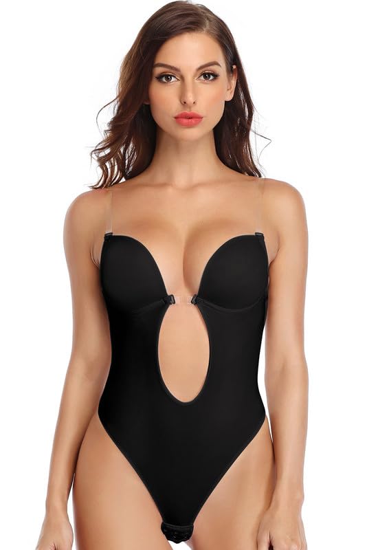 Joyshaper Dames Rugvrije Body Shaper Beha Push Up Diepe Ruguitsnijding Shapewear Vormende Bodysuit BH Zonder Bandjes Bodysuit Diepe V-hals Ondergoed Voor Party Bruiloft Zwart,XL