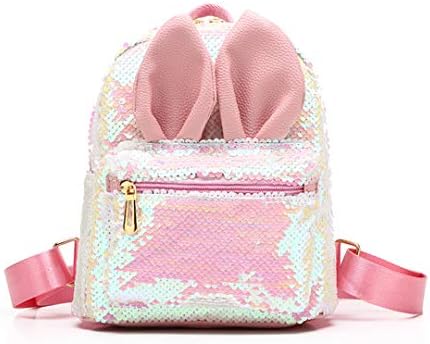 Magic Reversible Sequins Backpack with Cute Rabbit Ears Schoolbag Shoulder Bag Mini Backpack Purses for Girls Women (Pink)