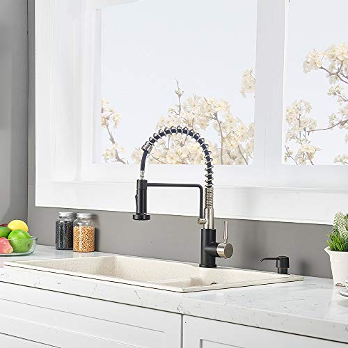 Friho Lead-Free Commercial Brushed Nickel & Matte Black Stainless Steel Single Handle Single Lever Pull Out Spring Bar Sink Kitchen Faucet, Kitchen Sink Faucets with Pull Down Sprayer
