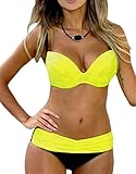 EVALESS Women Shoulder Strappy Push Up Padded Two Piece Bikini Swimsuit Medium Size Yellow