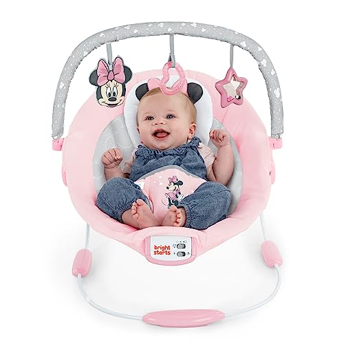 Bright Starts Disney Baby Minnie Mouse Comfy Baby Bouncer Soothing Vibrations Infant Seat - Music, Removable -Toy Bar, 0-6 Months Up to 20 lbs (Rosy Skies)