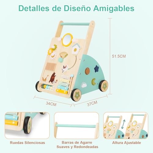 Muja Andadera para Bebe, Carrito para Bebe con Juguetes, Mesa Centro de Actividades, Juguetes de Madera Natural para Niños Pequeños, Desarrollo de la Motricidad (Tipo B)