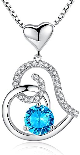 Blue Topaz December Birthstone Necklace, Ladies Birthday Necklace Gifts, Love Heart Cubic Zirconia CZ Pendant Necklace, Jewelry for Women, Girls, Friendship, Wife, Mom, Mother, Her, Anniversary Gift