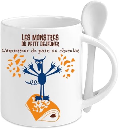 Mug Blanc Avec Cuillere Tasse Ceramique Humour Les Monstres Du Petit Dejeuner Design De Maureen Lasne L Emietteur De Pain Au Chocolat Amazon Fr Cuisine Maison