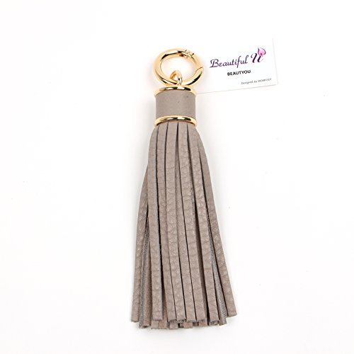 Women Genuine Leather Tassel Charm For Handy Handbag Purse Bag Wallet Smartphone Key Rings Accessories (A-light-gray) - Thumbnail 2