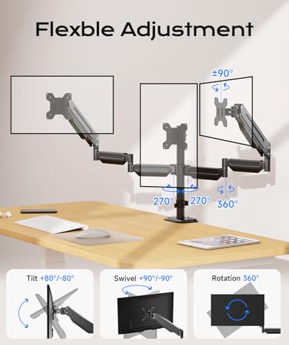 Pholiten Triple Monitor Stand Mount-Gas Spring Stand with Clamp and Grommet Base, Fully Adjustable Desk Mount Fits Three 17-27 inch LCD Computer Screens, Each Arm Holds up to 13.2lbs,(MD8003) …