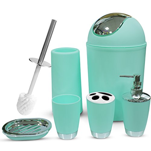 Bathroom Accessories Set,6 Piece Plastic Bath Ensemble Includes Toothbrush Holder,Toothbrush Cup,Soap Dispenser,Soap Dish,Toilet Brush Holder,Trash Can for Decorative Bath and Housewarming Gift-Mint