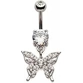 Pierced Owl 14GA 316L Stainless Steel Clear CZ Crystal Marquise Butterfly Dangling Belly Button Ring
