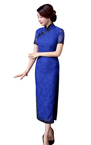 ACVIP Women Flower Lace Short Sleeve Chinese Dress Long Cheongsam