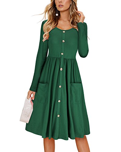 KILIG Women's Dresses Long Sleeve Casual Button Down Swing Dress with Pockets(Green,XL)