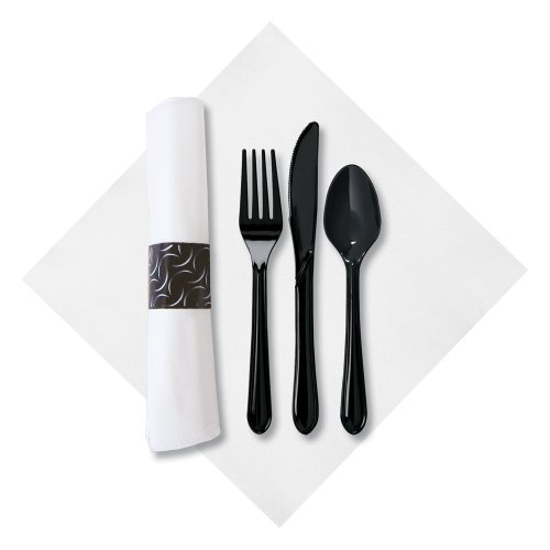 Hoffmaster 119984 FashnPoint CaterWrap Pre-rolled Dinner Napkin and Heavyweight Cutlery, Crescent, White/Black (Case of 100)