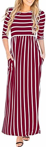 GIKING Women's Casual 3/4 Sleeve Striped Floral Pleated Long Maxi Dress with Pockets