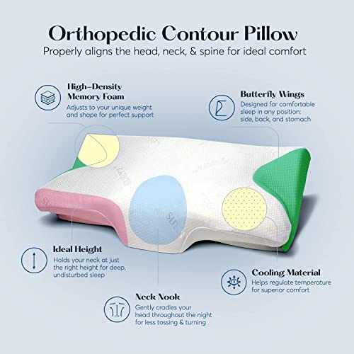 SUTERA - Dream Deep Contour Memory Foam Pillow, Orthopedic Cervical Support for Neck, Shoulder and Back Pain Relief, Ergonomic Pillow for Side, Back and Stomach Sleepers, Washable Cover - White+Bag