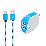 Wall Charger, Ailkin Dual USB Port Travel Adapter with 6FT Nylon Braided USB C Charge Cable Compatible with Samsung S8 S8 Plus, MacBook, LG LG5 LG6 V20, Oneplus 2, Nexus 5X/6P, and More USB C Devices