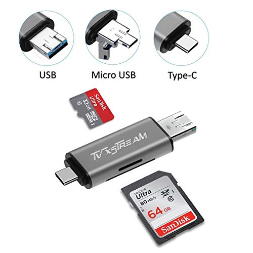 SD Card Reader, Storage Expansion OR File Transfer KIT for FIRESTICKS, Media Devices, Gaming Systems, 3-in-1 USB 2.0 / USB C/Micro USB Card Reader - SD Card, Micro SD, Includes OTG Cable