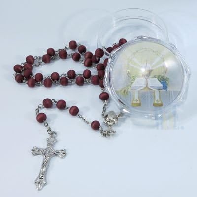 Men or Womens Catholic Religious First Communion Scented Red Rosary with Box. This Lovely First Communion Rosary Comes Scented with the Sweet Smell of Roses. Traditional Chalice &amp; Host Centerpiece. This Beautiful Communion Scented Rosary Comes in Its Own Matching Gift Box. 6mm Wooden Bead, 19 1/2 Inch in Length.