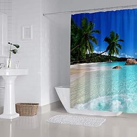 ZXMBF Ocean Beach Shower Curtain Blue Sky Sea Tropical Palm Trees Seaside Landscape Bath Curtain Waterproof Fabric… 41lKa4zbehL