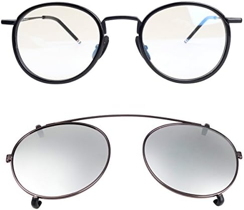 New York Fashion Round Optical Eyeglasses Frames with Polarized Lens Clip (Black Silver)