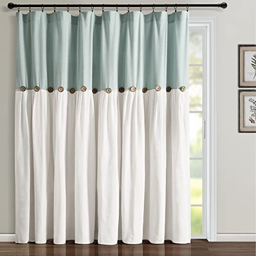 Lush Decor Linen Button Window Curtain Panel, Single, 100" W x 84" L, Blue & White - Country Curtains - Rustic Decor - Color Block Modern Farmhouse Curtains For Living Room, Bedroom & Dining Room