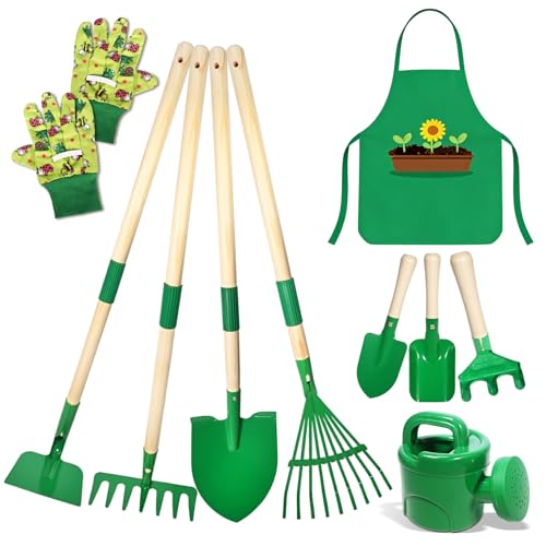 Garden Tools for Children, 10 Metal Garden Kit with Shovel, Rake, Fork, Work Gloves, Apron, Watering Can, Complete Garden Set for Kids, Outdoor Garden, Yard, Lawn (A)