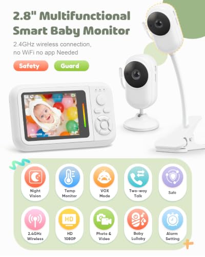Wireless Baby Monitor No WiFi Needed: 2.8" Portable Camera with Clip Mount, 1080P HD Video, 940nm Invisible Night Vision, VOX Mode, 2-Way Audio, Temperature Sensor & Lullabies
