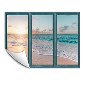 Wall Murals for Bedroom Fake Window Beach Blue Window Removable Wallpaper Peel and Stick Wall Stickers - 24x32 inches