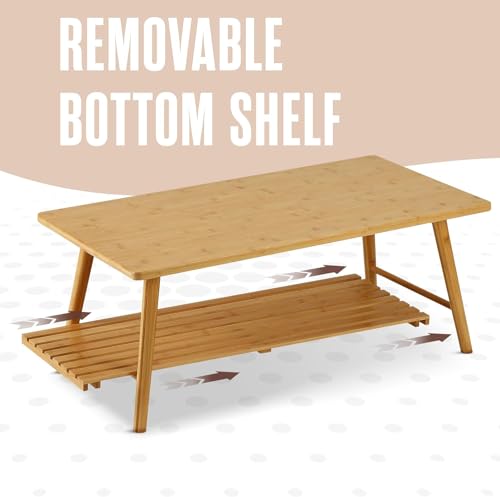 Hcosmy No Assembly Bamboo Coffee Table, 2-Tier Tea Table with Storage Shelf, Japanese Living Room Table, Space Saving Side End Table for Living Room Home Office