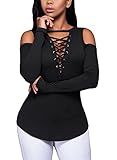 Hibluco Women's Sexy Cold Shoulder Blouses Lace-up Ribbed Tops Casual T-shirts