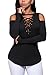Hibluco Women's Sexy V-Neck Cold Shoulder Tops Blouse Lace-Up Ribbed Shirts Black