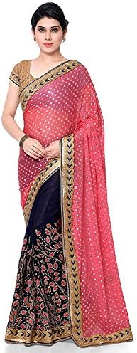 Arohi Designer Women's Georgette Embroidered Half N Half Saree with Blouse Piece (Pink, Free Size)