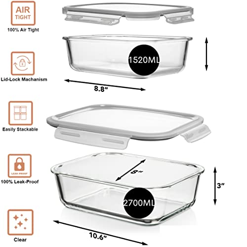 Large Glass Food Storage Containers 4 Pc (2700ML/ 91 Oz & 1520ML/ 51 Oz