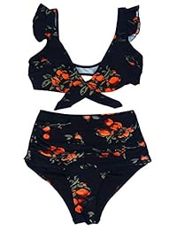 COCOSHIP traje de baño con volantes y cierre frontal para mujer, estilo retro floral de cintura alta