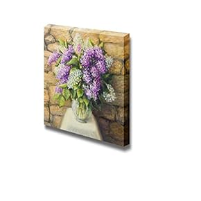 Beautiful Still Life with Blooming Lilacs in a Nice Glass Vase Over a Stone Tiled Wall - Canvas Art Wall Art - 12" x 12"