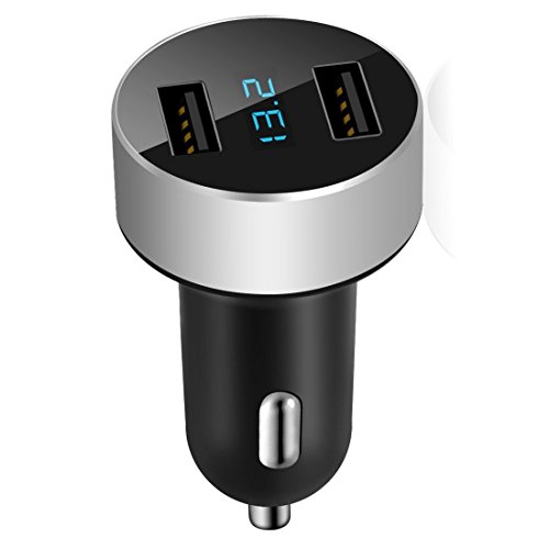 eLUUGIE Dual USB Car Charger,LED Display Voltage and Current for Apple iPhone,iPad,Samsung Galaxy /S Series&Edge Models;LG,Google Nexus,Other iOS and Android Devices Car Charger with Cable (Silver)