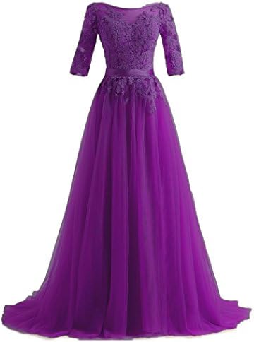 QiJunGe Elegant Long Evening Dresses Lace Half Sleeves Formal Prom Party Gowns Grape US 24W