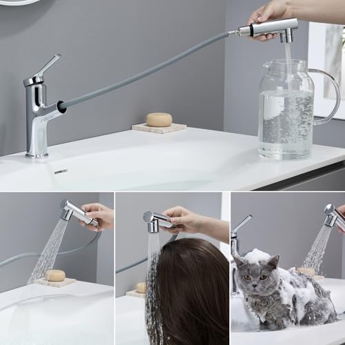 CECIPA Bathroom Sink Faucet Chrome with Removable Shower for Washing Hair | High Pressure Basin Faucet for Bathroom Basin, 2 Modes Water Flow Chrome | Sink Faucet High Pressure Bathroom Sink Faucet 2 Modes Water Flow Chrome