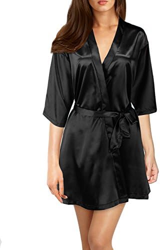 Mulysaa Women’s Kimono Robes With Oblique V-Neck 3/4 Sleeves Short Satin Bridesmaid Robes (X-Large, Black)