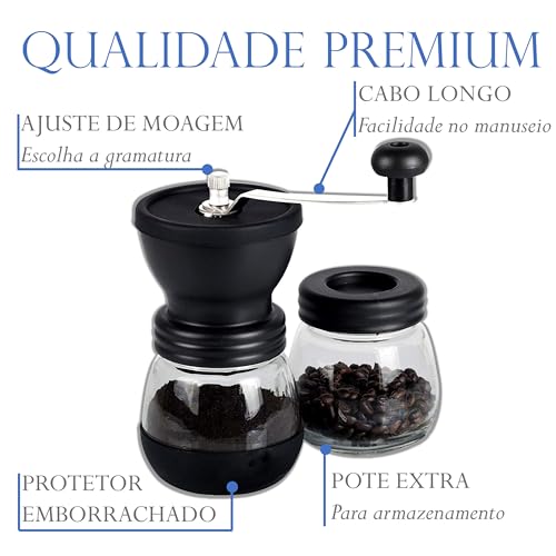 Moedor de Café Manual Com Regulagem De Gramatura E Recipiente Extra para Grãos, Mó Burr Cerâmico, Preto