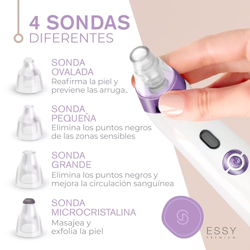 Essy Blackhead and Blackhead Sucker for Facial Cleansing (Lilac) | Deep Pore Suction, 5 Adjustable Intensity Levels, Rechargeable, 4 Suction Heads Suitable For All Skin Types