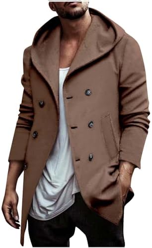 Thatrich Men's Hooded Peacoat Mid Length Trench Coat Oversized