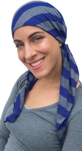 Pre Tied Head Scarf Fitted Bandana Tichel (Blue Grey Stripe)