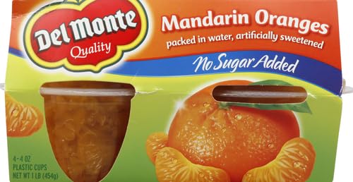DEL MONTE NO SUGAR ADDED MANDARIN ORANGES IN WATER FRUIT CUP, 4 OZ, PACK OF 4