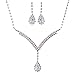 Accessoriesforever Bridal Wedding Prom Jewelry Set Necklace Earring Crystal Rhinestone LG V Drop Silver