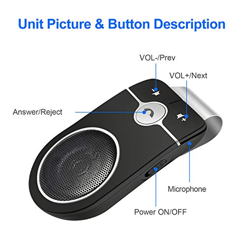 ï»¿Car Hands Free Bluetooth for Cell Phone, Bluetooth 5.0 Handsfree Loud Speakerphone, Siri Google Assistant Support, Sun Visor Clip Wireless Music Player, Support Two Phone Connect