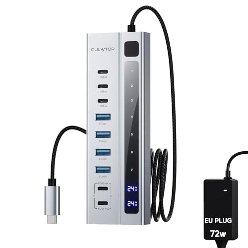 PULWTOP Hub USB C 3.2 ativo com fonte de alimentação, hub USB 3.2 9 em 1 com dados de 3 * 10 Gbps, 4 * USB A 3.1 e 2 * carregamento PD de 45 W (não suporta vídeo e dados) Adaptador de 72 W